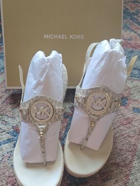 Michael Kors Cream and Gold MK Logo Thong Sandals With Box And Packing.